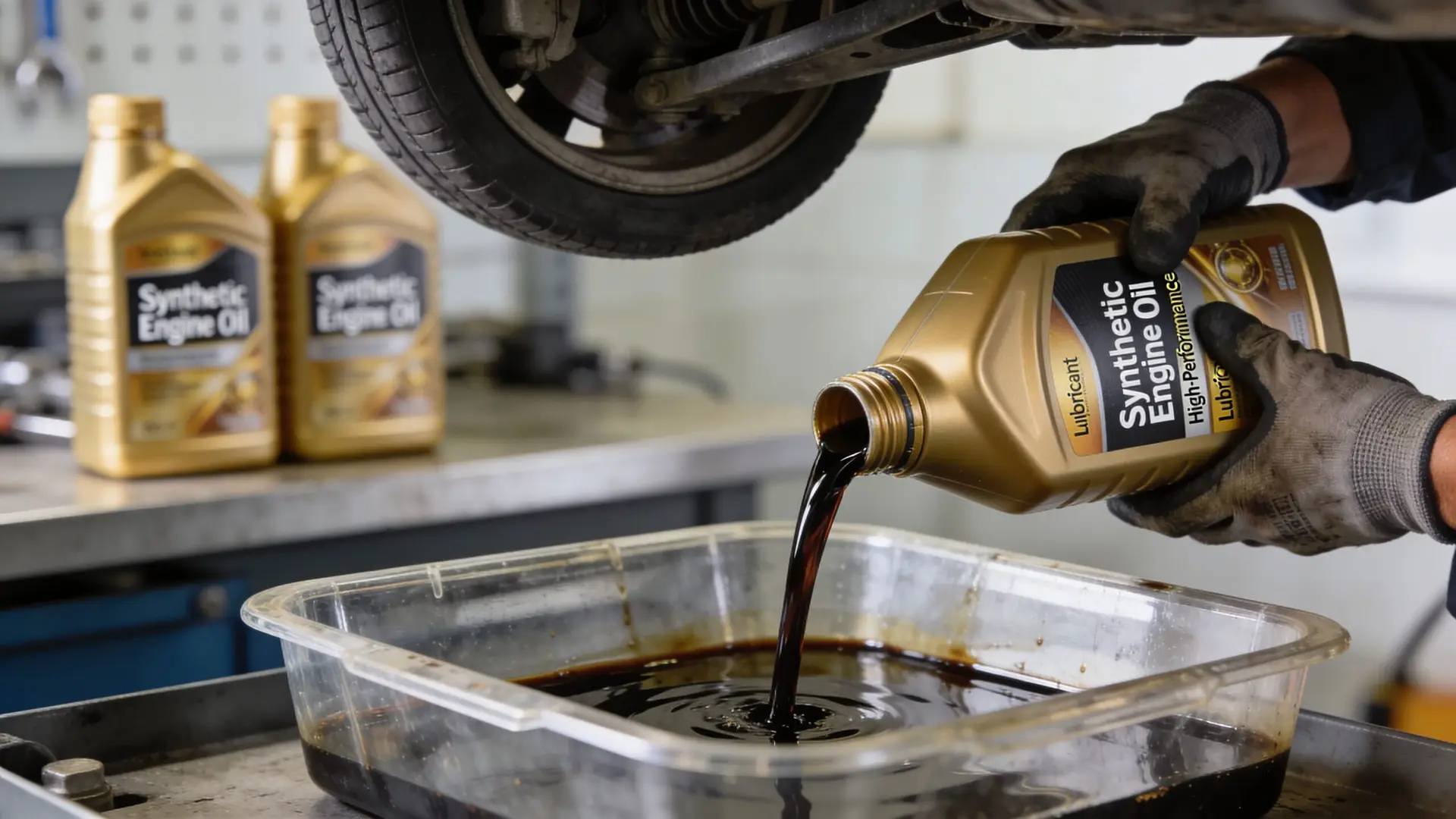 A mechanic in gloves pours used engine oil from a container into a drain pan during service.