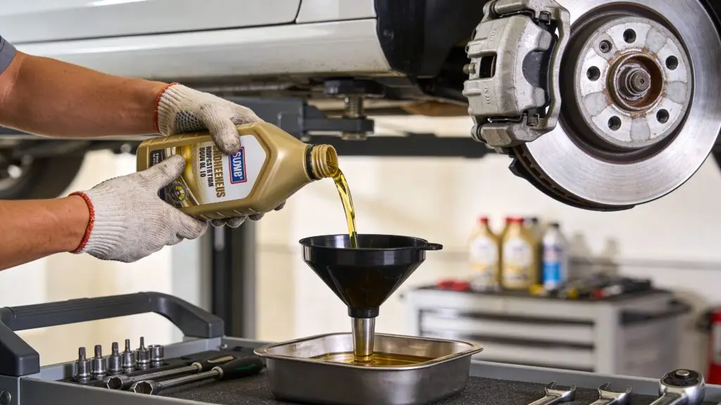 Mechanic pouring motor oil into car engine
