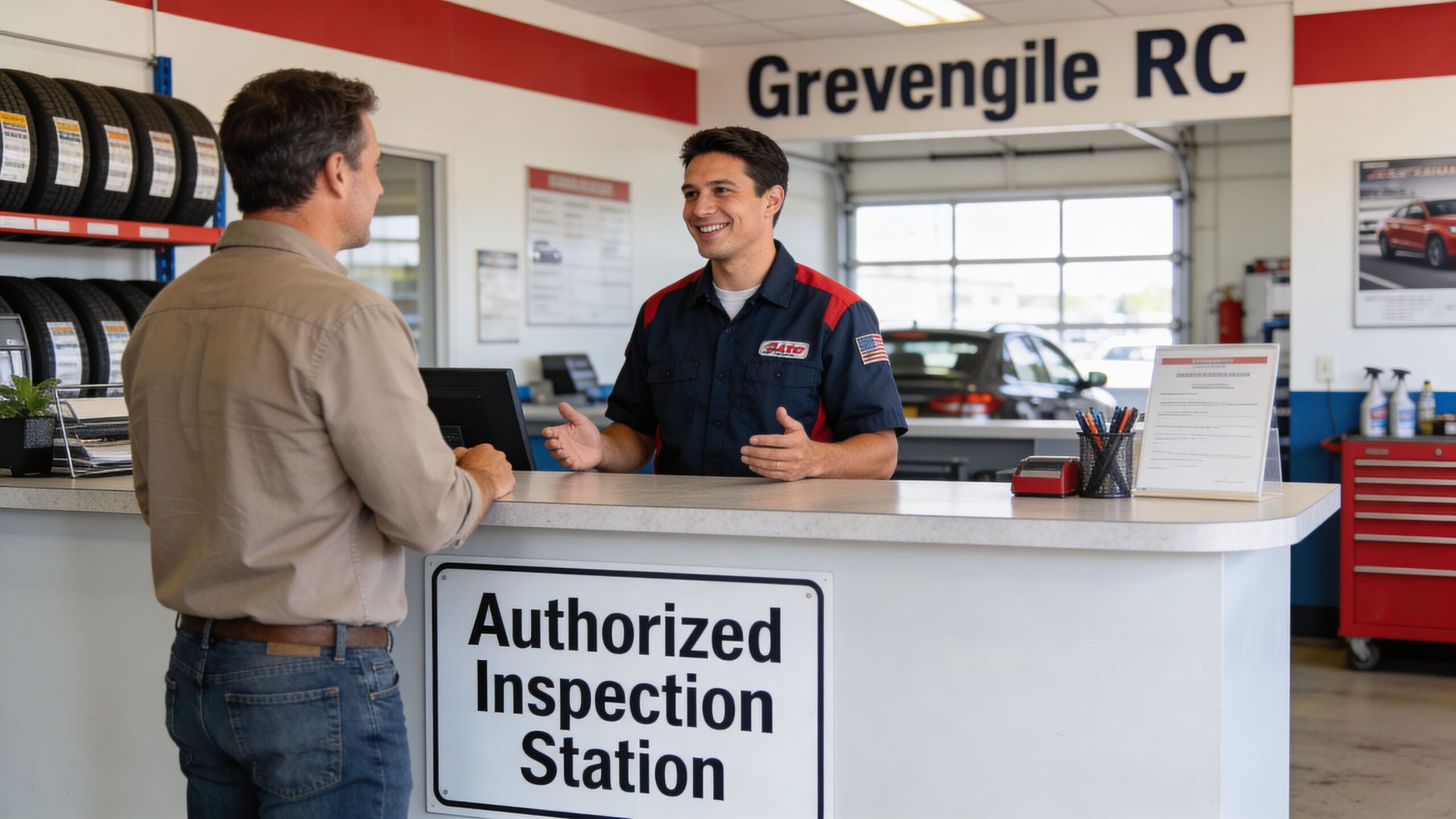 A friendly service advisor speaking with a customer at an authorized auto inspection station counter.