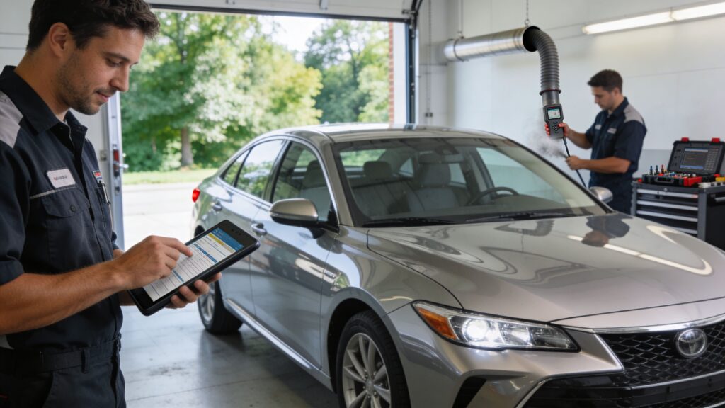 Auto technicians inspecting sedan in repair garage