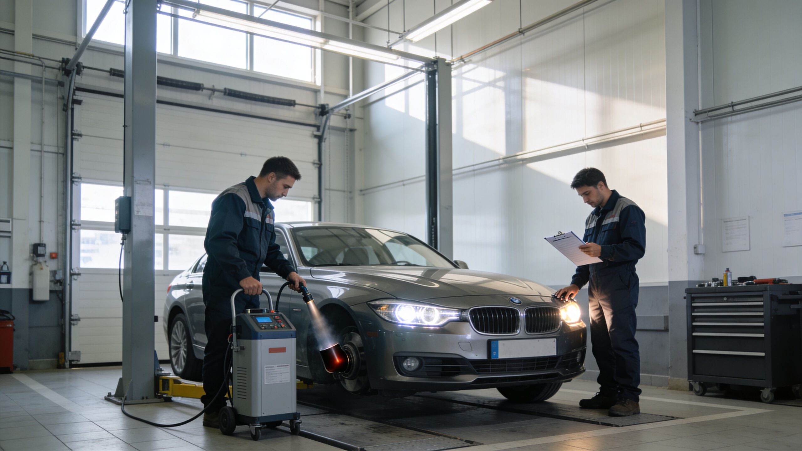 Two professional mechanics performing a detailed diagnostic inspection on a luxury car inside a modern repair shop.
