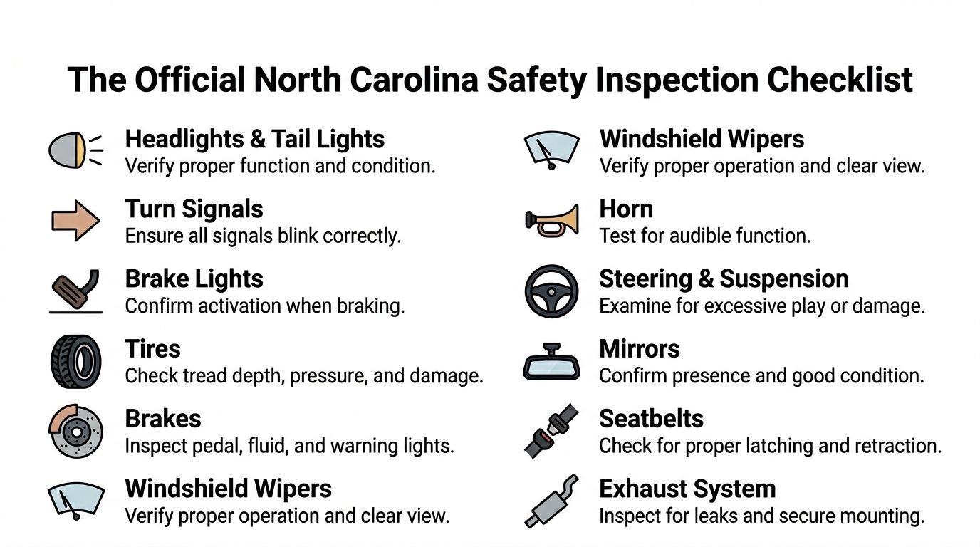 A checklist illustrating the official safety inspection requirements for vehicles in North Carolina with icons and descriptions.