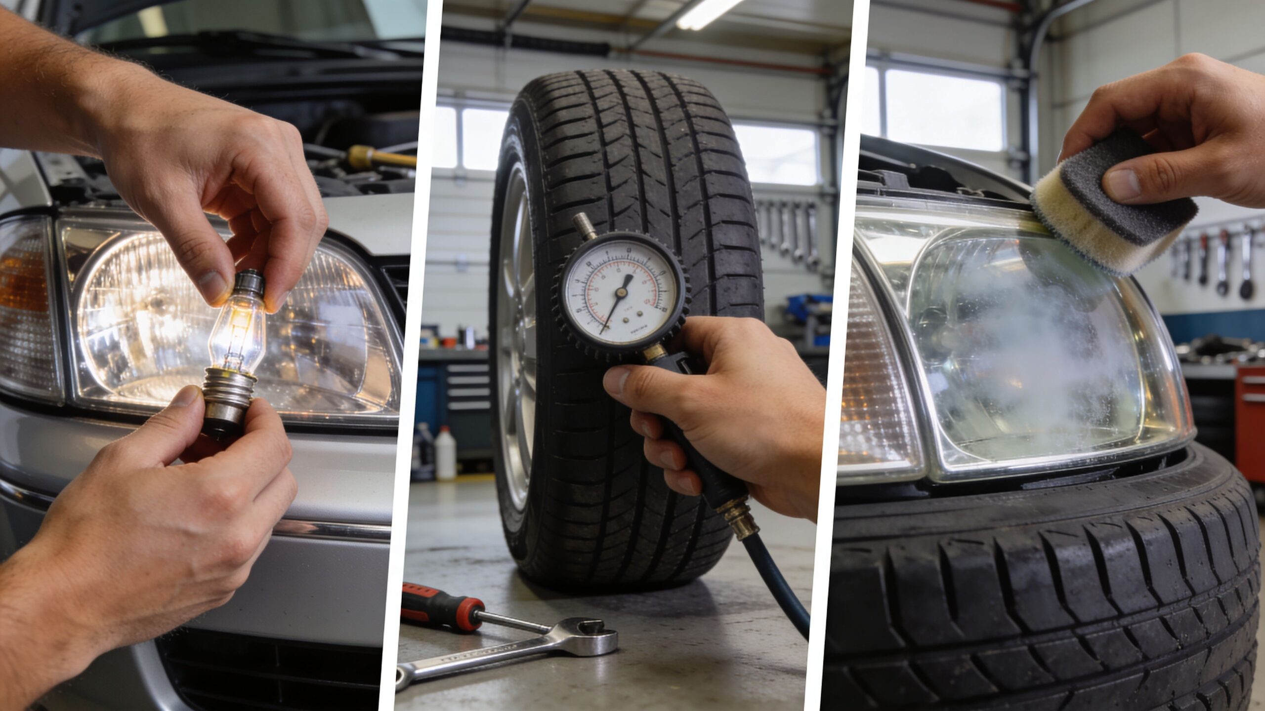 A split image showing a mechanic replacing a headlight, checking tire pressure, and cleaning a car headlight.