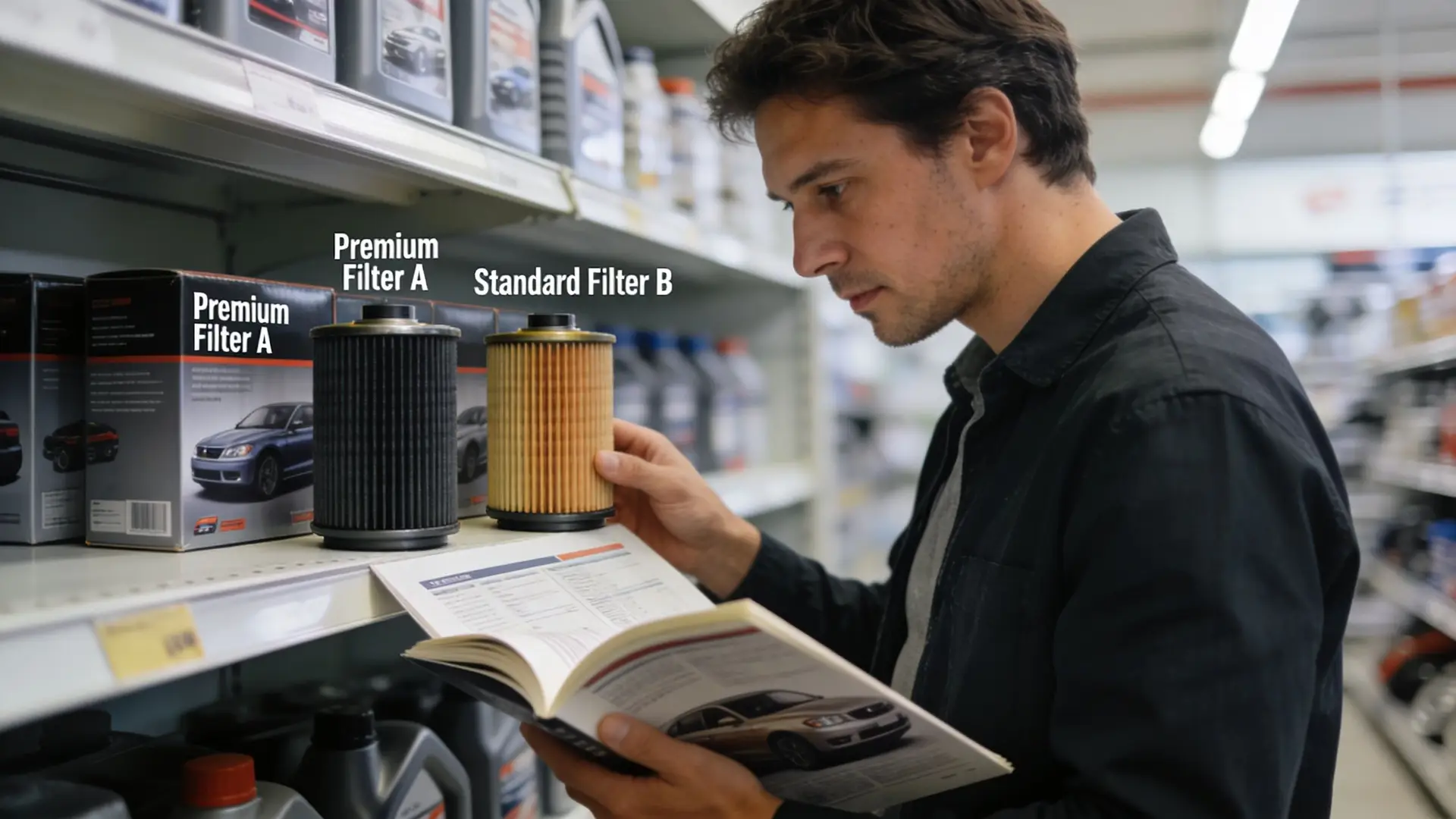 A man in an auto parts store compares different car oil filters while checking a reference guide.