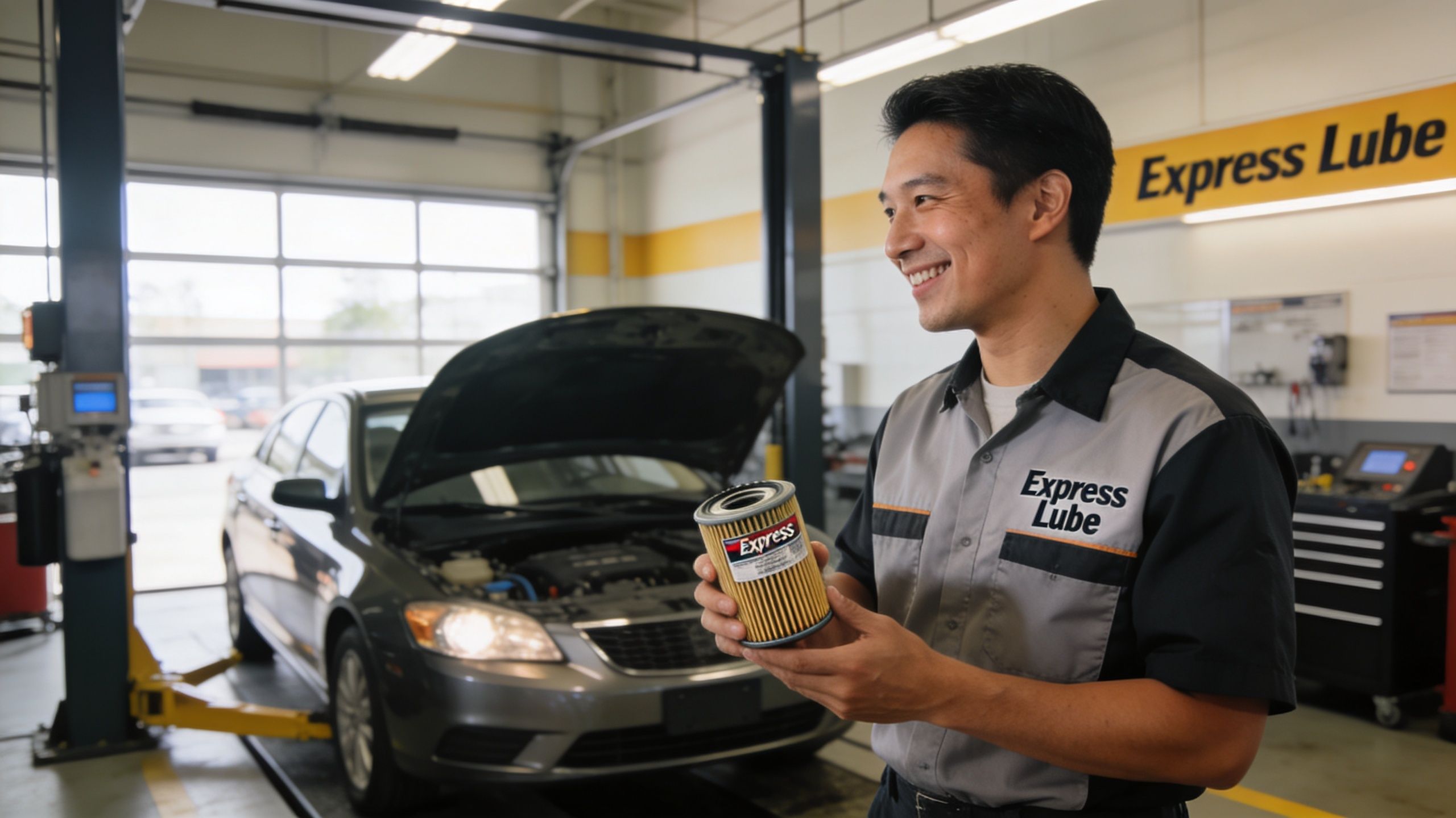 A smiling technician holds a car oil filter at a professional Express Lube automotive repair shop.