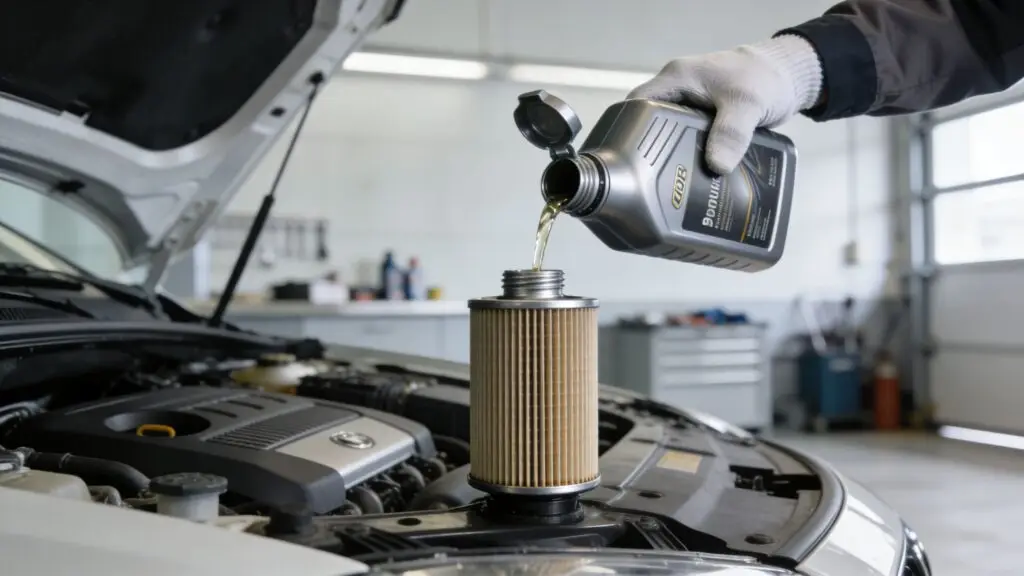 Pouring motor oil into car engine filter
