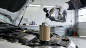 Pouring motor oil into car engine filter