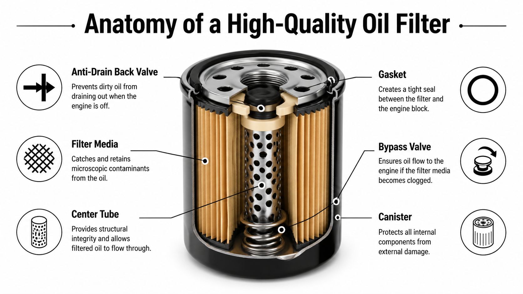 A detailed cross-section diagram showing the internal components and labels of a high-quality car oil filter.
