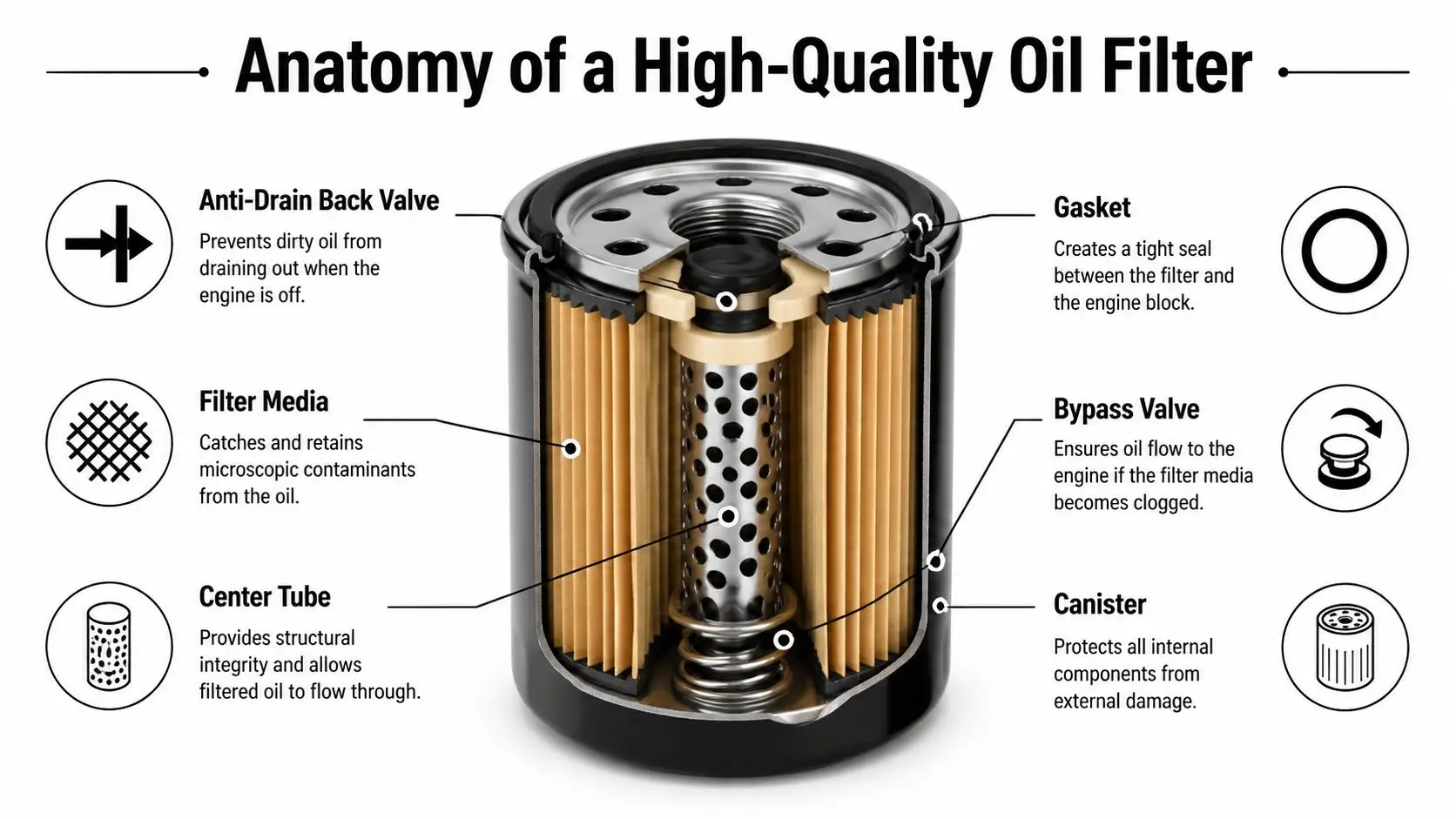 A detailed cross-section diagram showing the internal components and labels of a high-quality car oil filter.