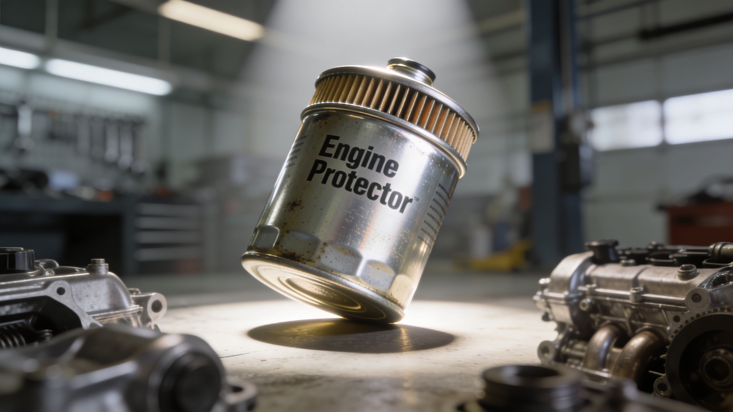 A close up view of an oil filter labeled Engine Protector sitting on a workbench in a garage.