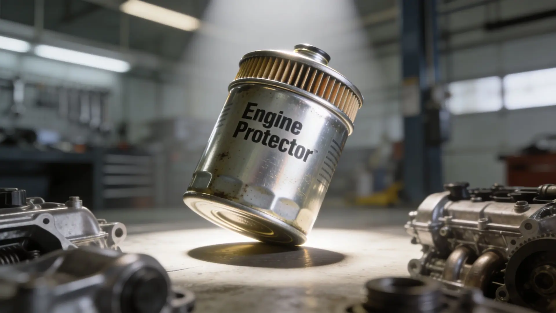 A close up view of an oil filter labeled Engine Protector sitting on a workbench in a garage.