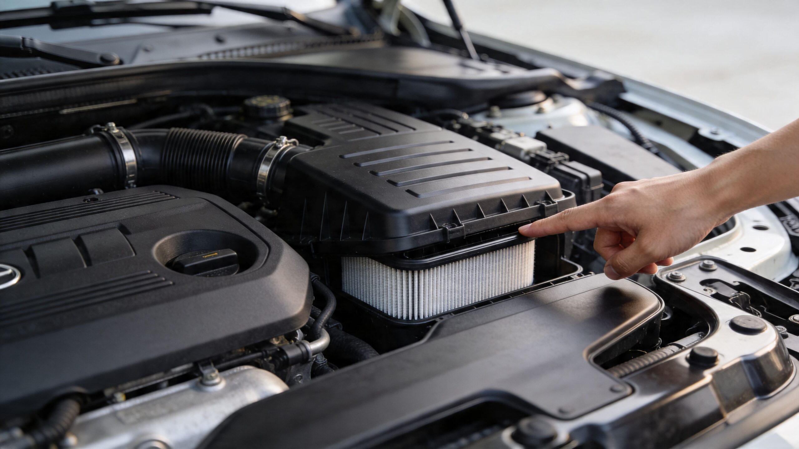 A mechanic inspecting a clean automotive air filter inside the plastic housing of a car engine bay.
