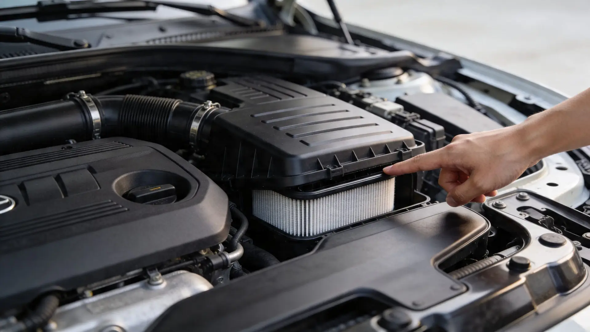 A mechanic inspecting a clean automotive air filter inside the plastic housing of a car engine bay.