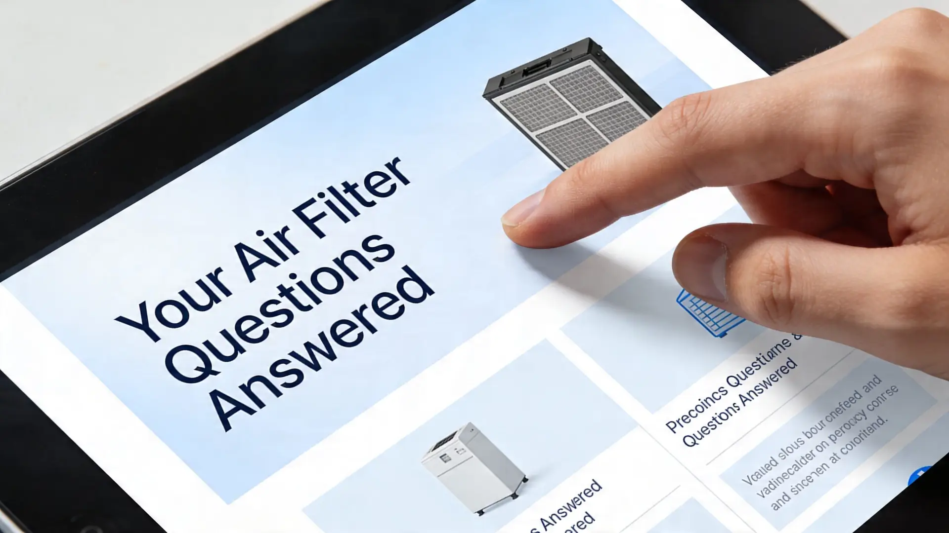 A hand touching a tablet screen displaying an article titled Your Air Filter Questions Answered with product images.