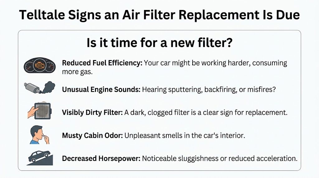 An infographic showing five telltale signs that a car air filter needs replacement or maintenance.
