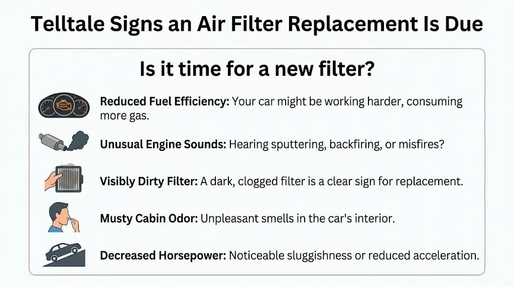 An infographic showing five telltale signs that a car air filter needs replacement or maintenance.