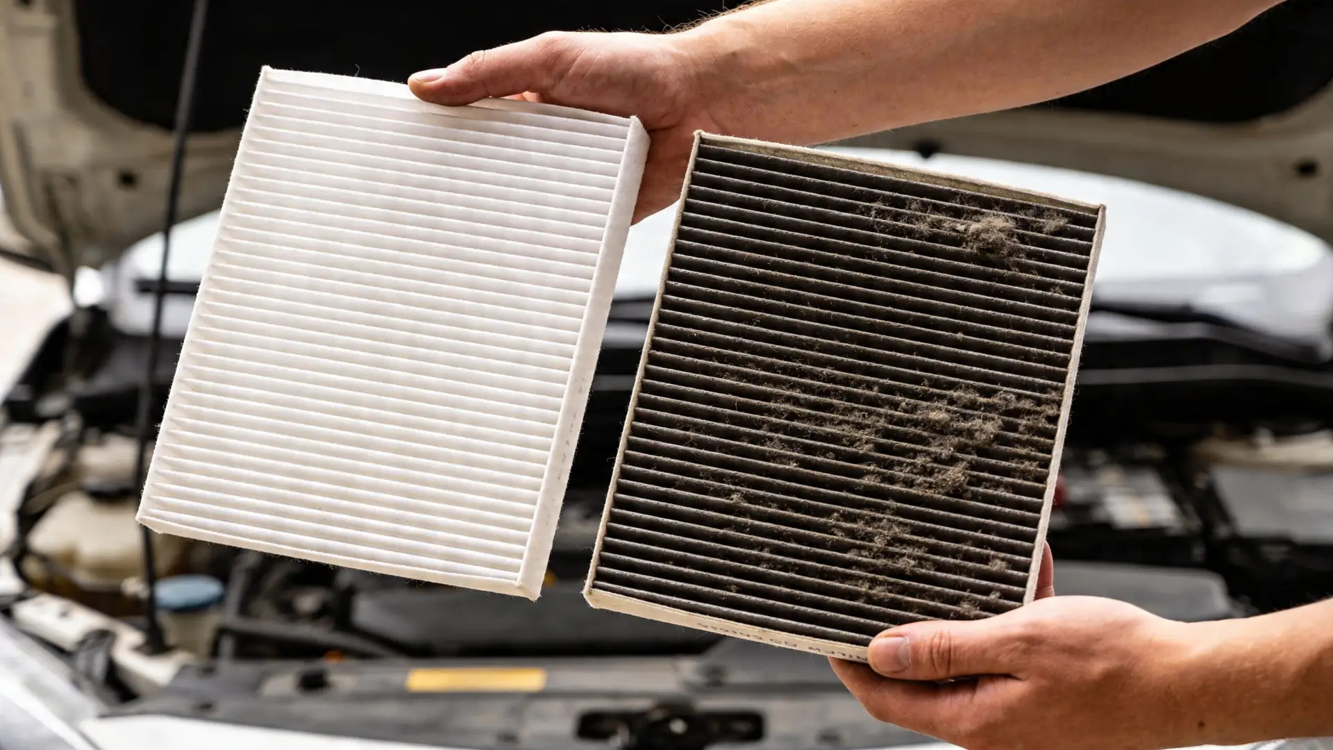 A person holding a clean white replacement car air filter next to a dirty used one.