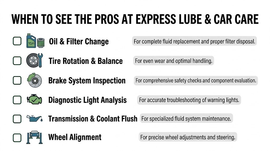 A list of car maintenance services offered by Express Lube and Car Care, including oil changes and diagnostics.