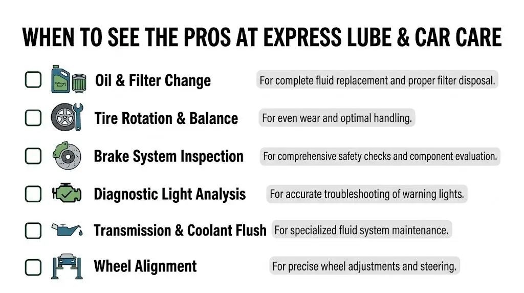 A list of car maintenance services offered by Express Lube and Car Care, including oil changes and diagnostics.