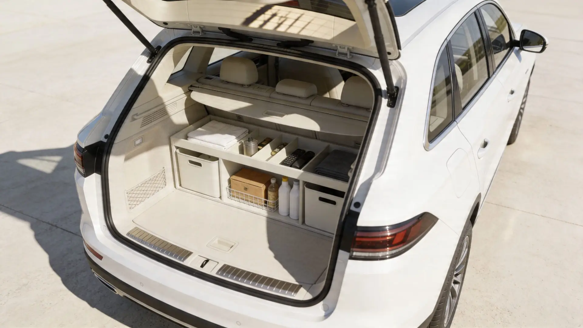 Open trunk of a modern white luxury car showcasing an organized storage shelf with various household items.