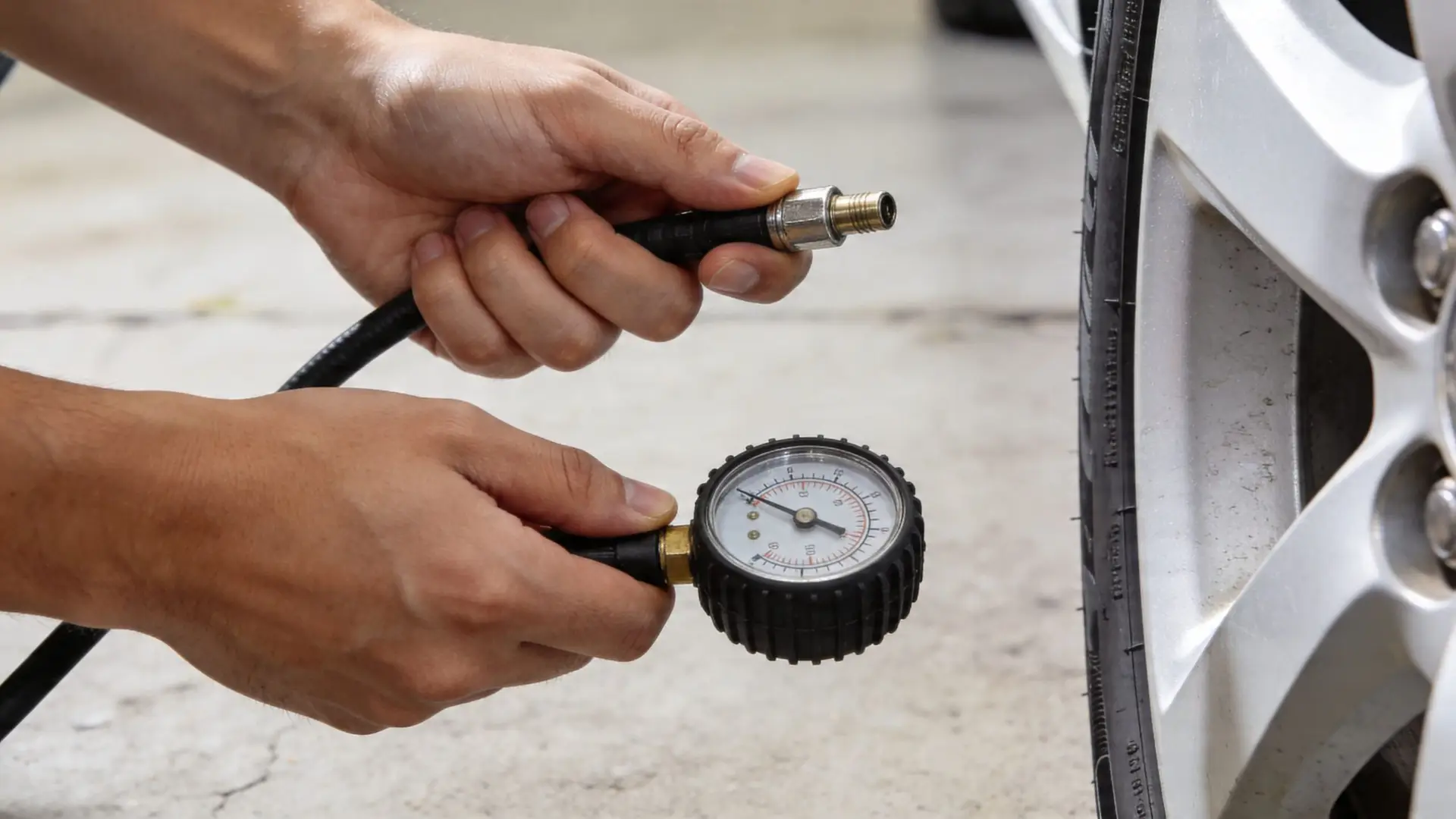 A person holding a tire pressure gauge and checking the air pressure of a car wheel