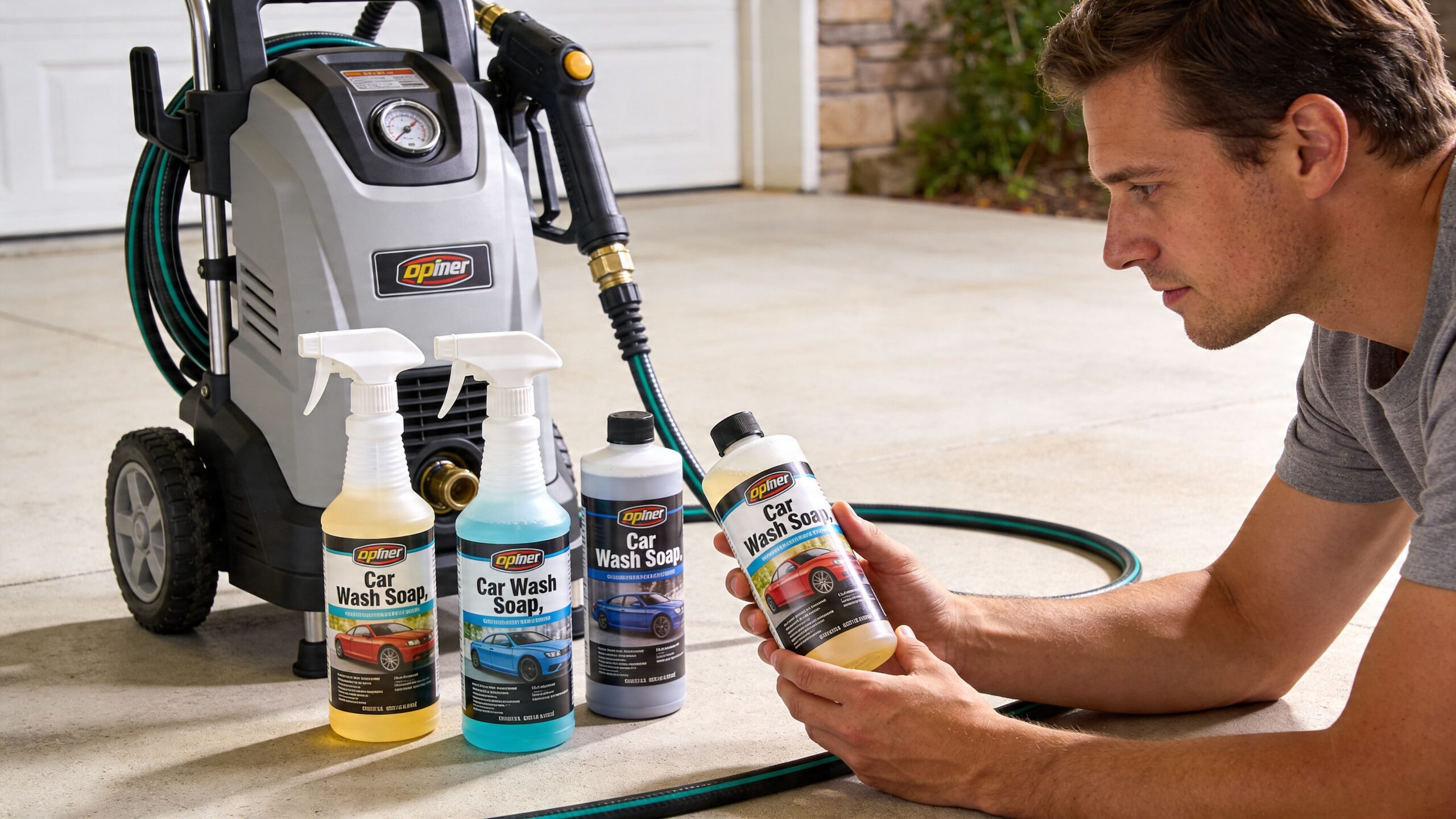 A man carefully reads the label on a bottle of Opiner car wash soap next to a pressure washer.