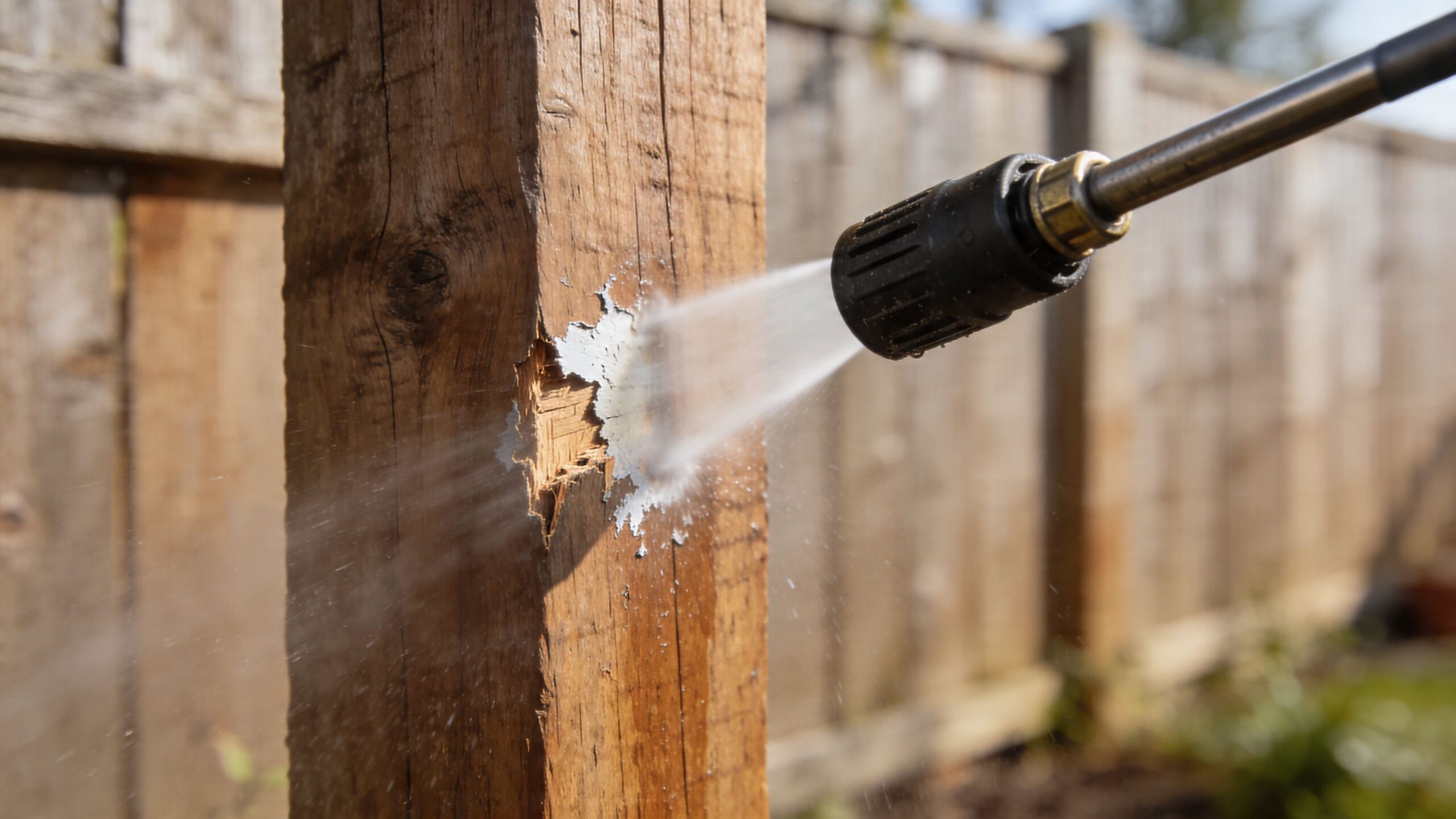 A pressure washer nozzle spraying water onto a wooden post to remove layers of old white paint.