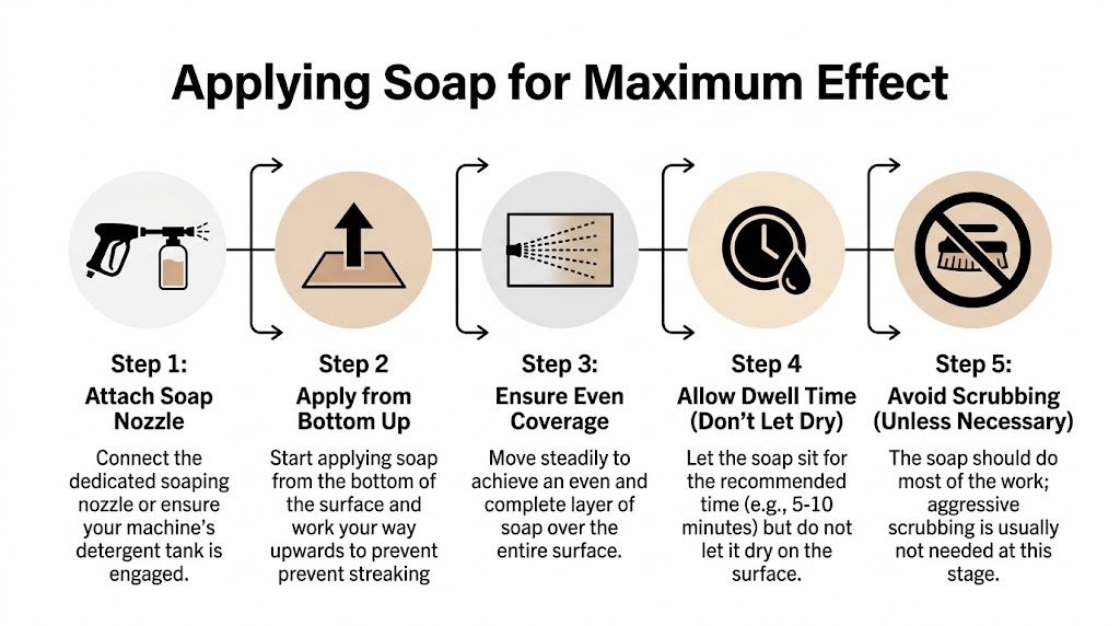 A five-step guide illustration showing how to effectively apply soap using a pressure washer.