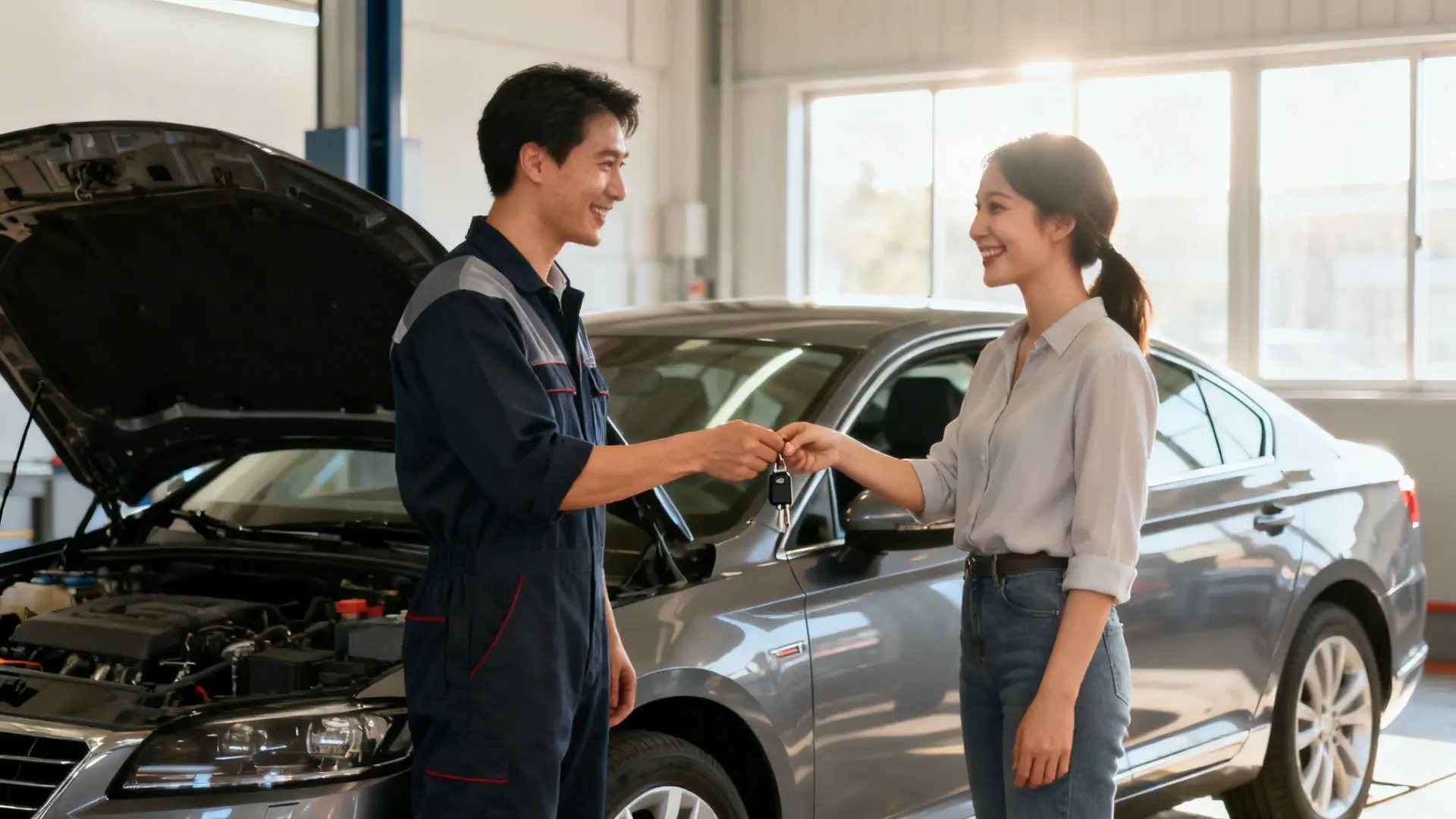A smiling male mechanic hands car keys to a happy female customer at a car repair shop.