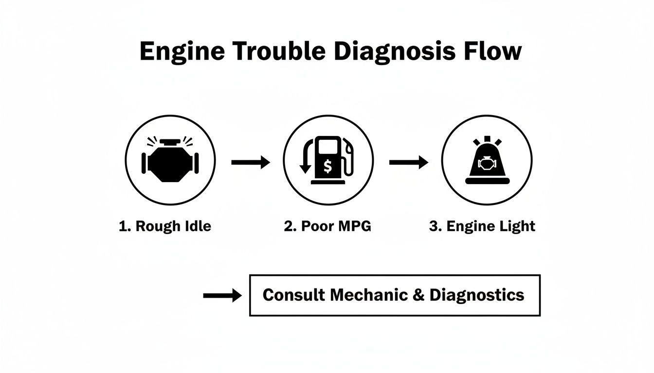 Engine trouble diagnosis flowchart illustrating rough idle, poor MPG, and engine light issues.