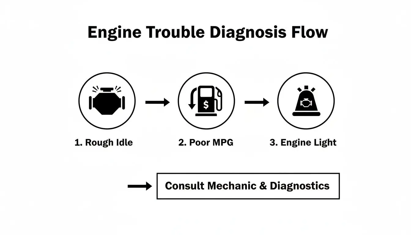 Engine trouble diagnosis flowchart illustrating rough idle, poor MPG, and engine light issues.