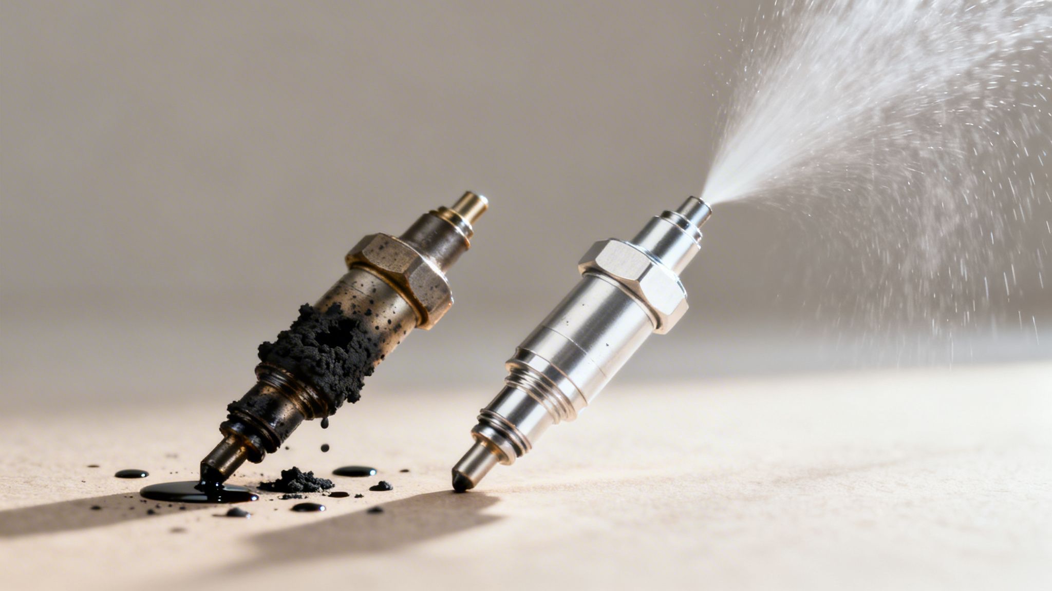 Comparison of a dirty, carbonized fuel injector next to a clean, actively spraying fuel injector.