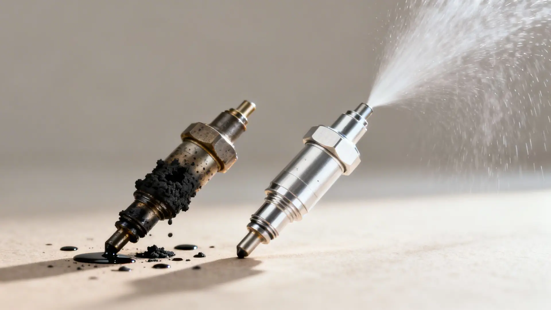 Comparison of a dirty, carbonized fuel injector next to a clean, actively spraying fuel injector.