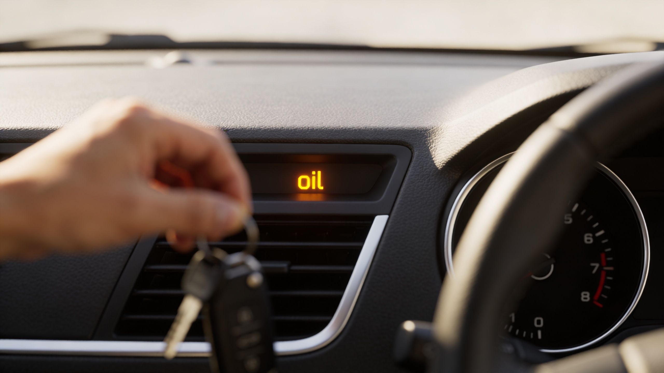 A hand holding car keys with an oil reminder light glowing on the dashboard display