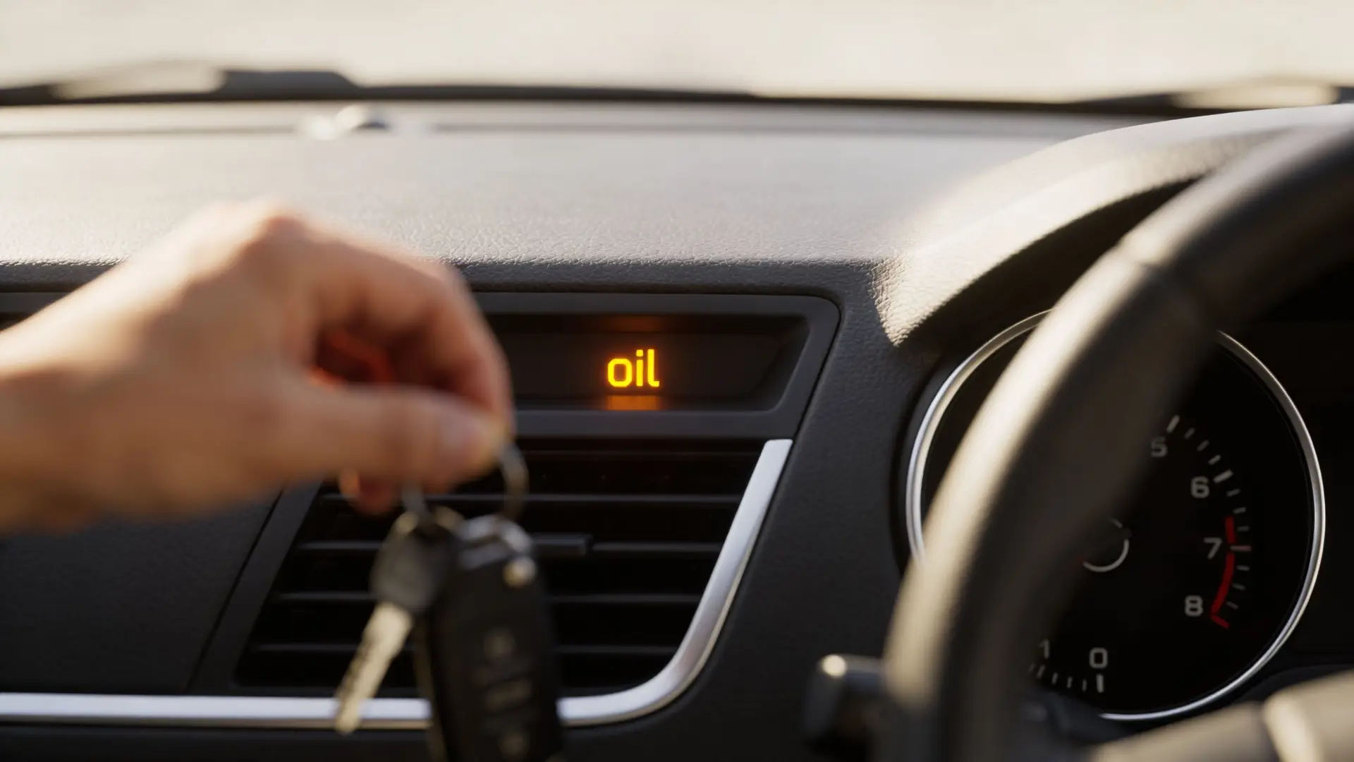A hand holding car keys with an oil reminder light glowing on the dashboard display
