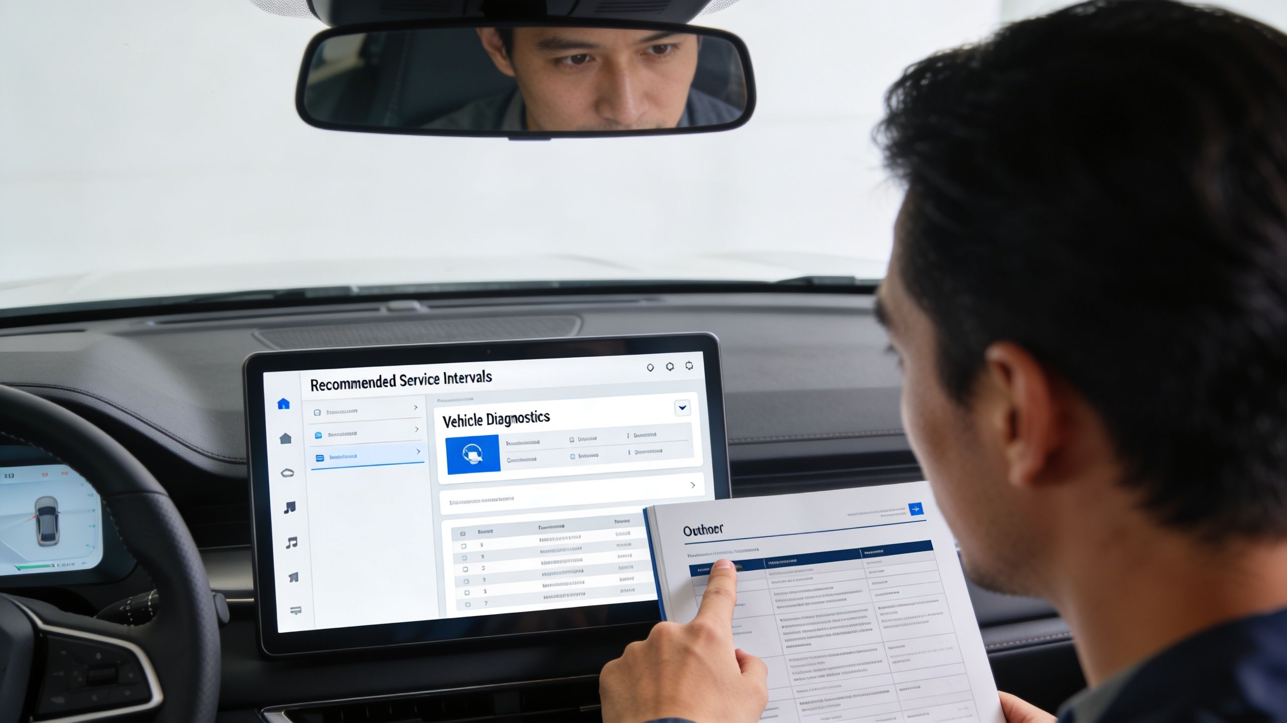 A technician reviews a vehicle maintenance diagnostic screen while holding a physical checklist inside a car.