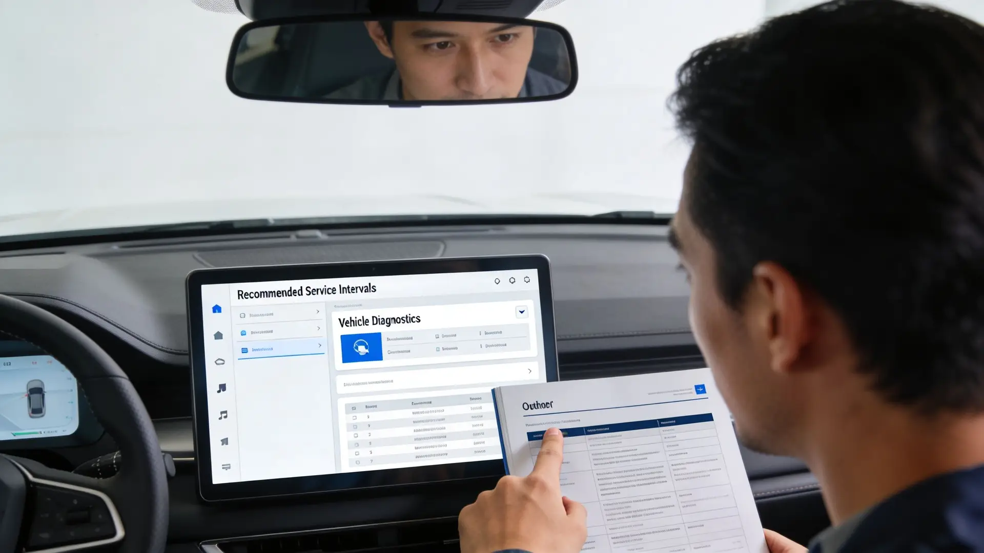A technician reviews a vehicle maintenance diagnostic screen while holding a physical checklist inside a car.