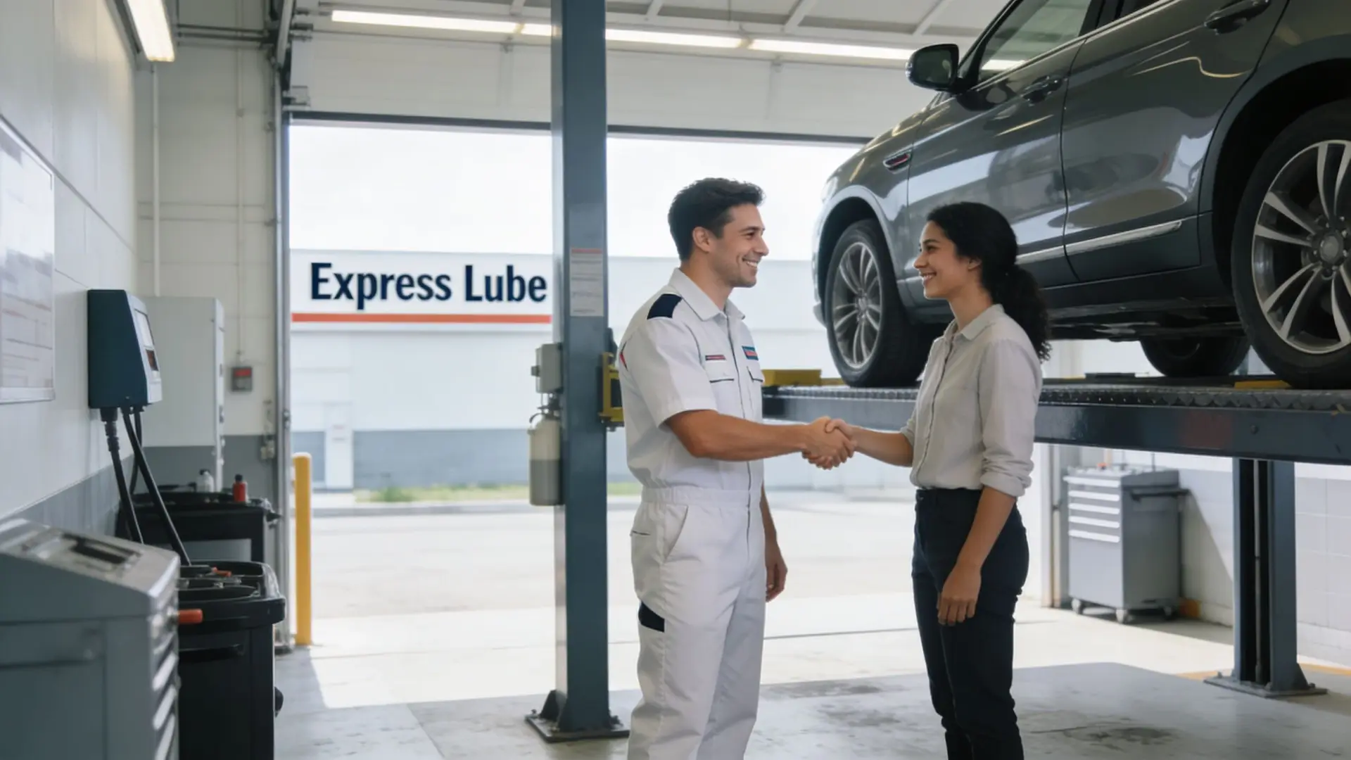 A friendly mechanic shaking hands with a satisfied female customer at an auto repair shop.