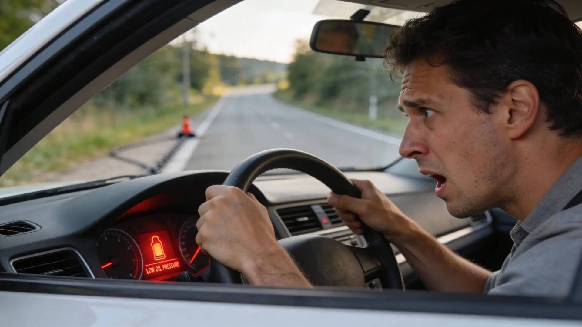 A worried driver reacts with shock after a low oil pressure warning illuminates on his car dashboard.