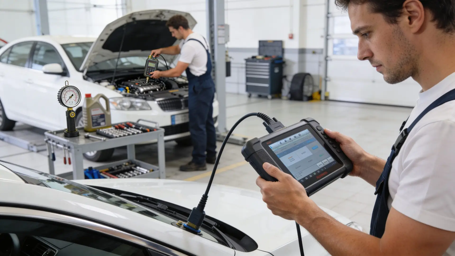 Automotive technicians diagnosing vehicle engine issues using diagnostic scanning tools and pressure gauges in a repair garage.