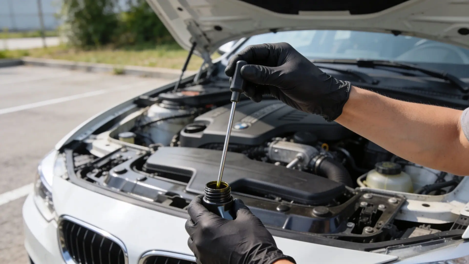 A mechanic wearing black gloves holds a dipstick above an oil bottle to check engine oil levels.