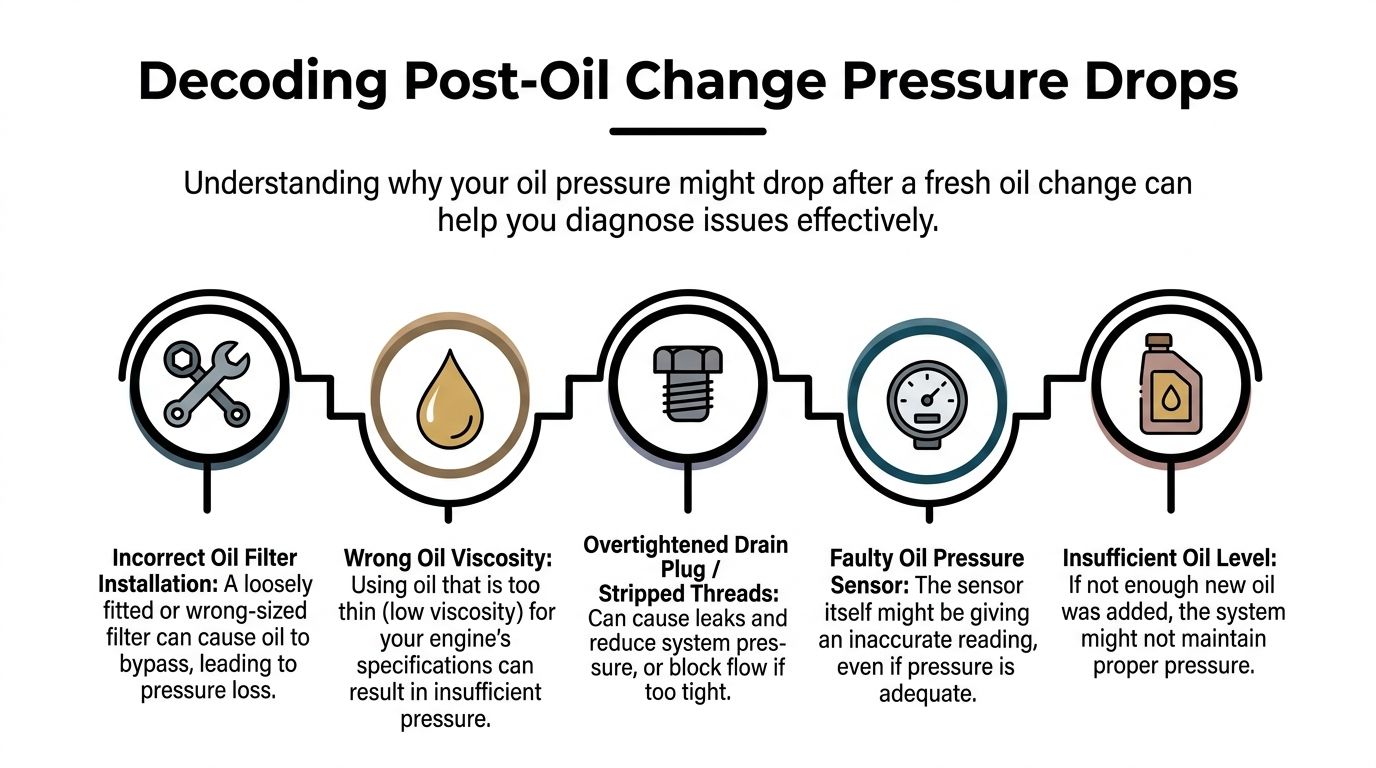 An infographic titled Decoding Post-Oil Change Pressure Drops illustrating five common causes for engine pressure loss.