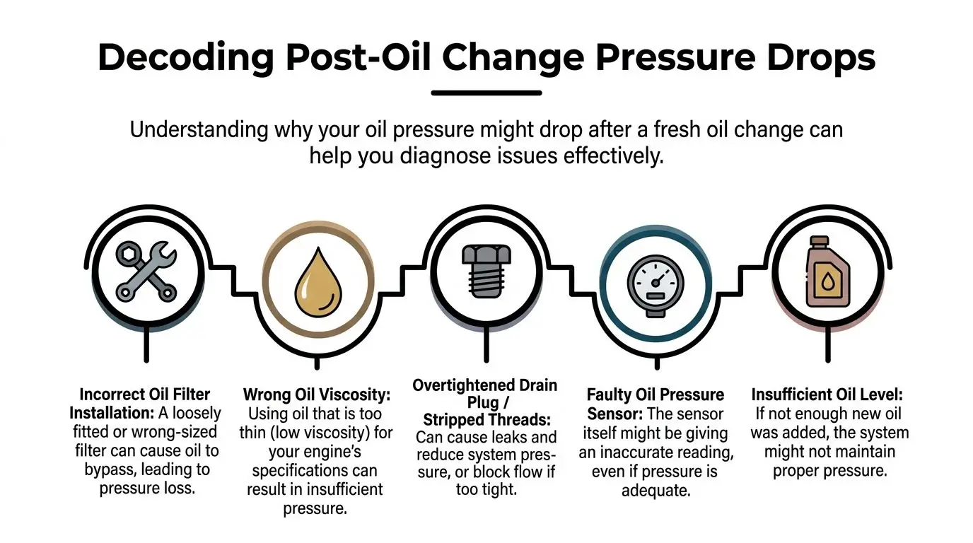 An infographic titled Decoding Post-Oil Change Pressure Drops illustrating five common causes for engine pressure loss.