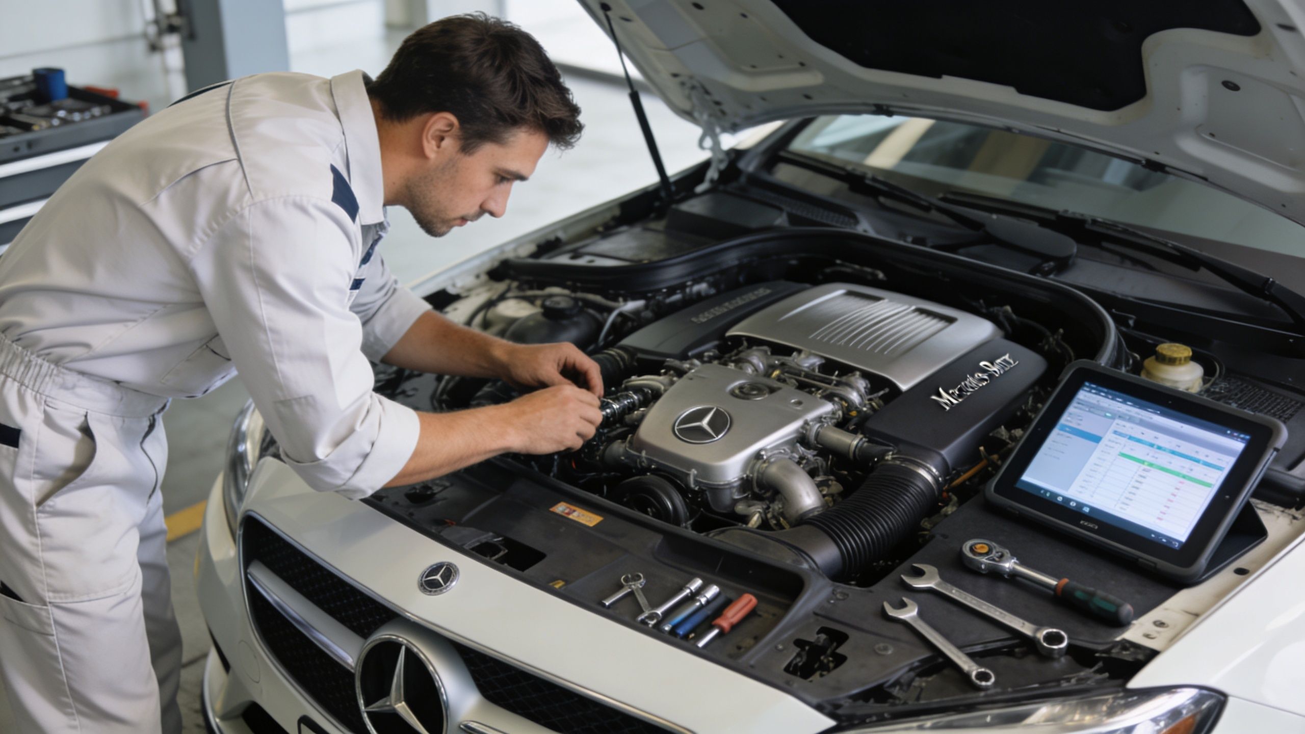 A professional mechanic in a white uniform works on a Mercedes-Benz engine inside an auto repair shop.