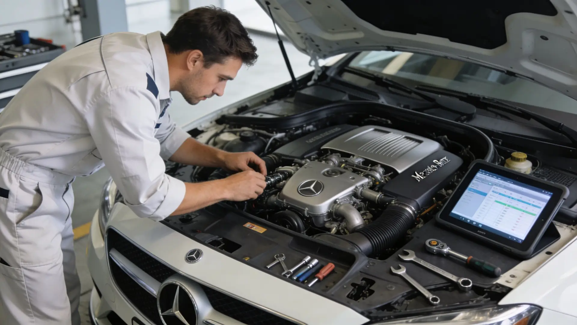 A professional mechanic in a white uniform works on a Mercedes-Benz engine inside an auto repair shop.