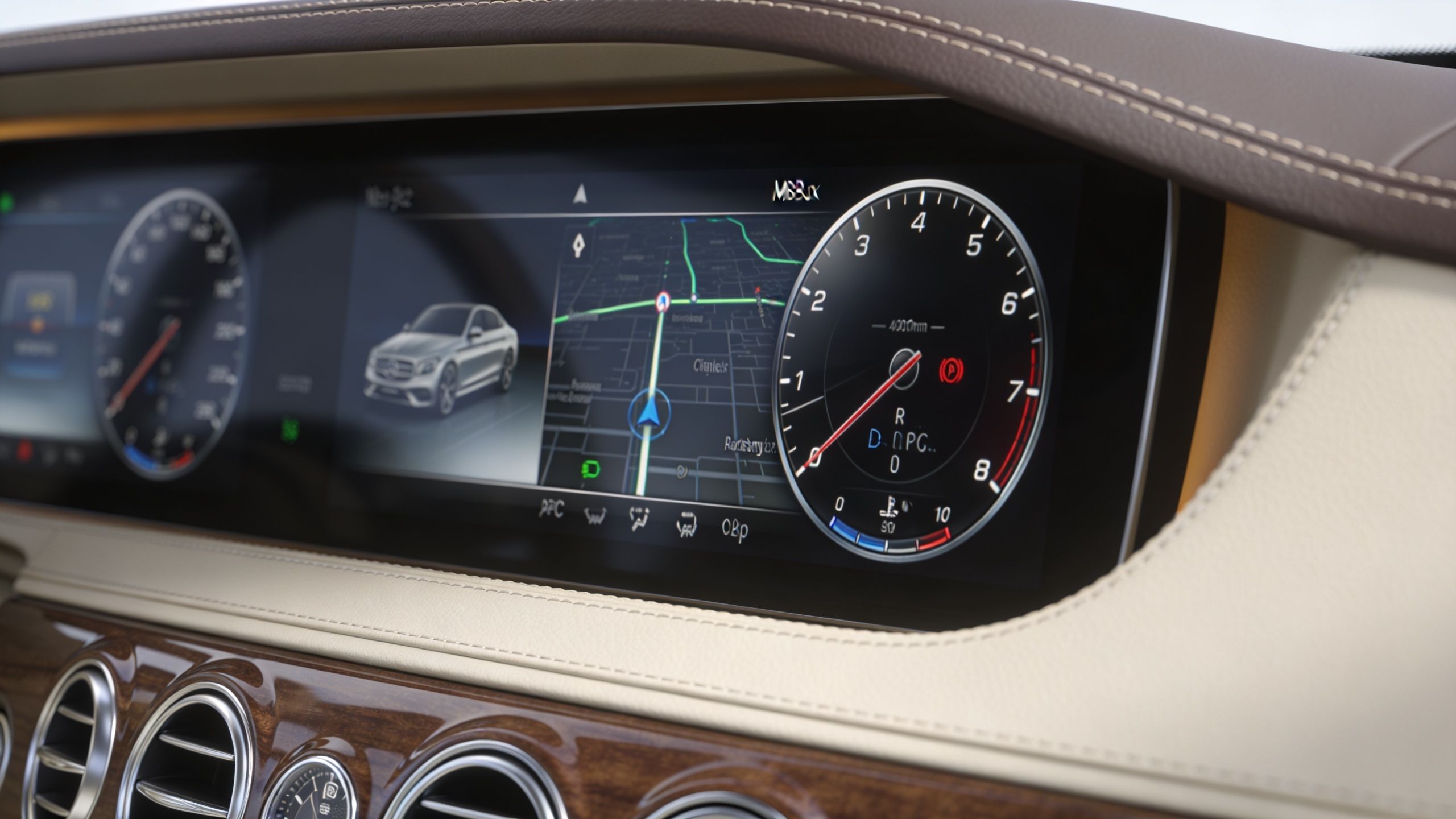 A view of a Mercedes-Benz luxury car dashboard digital display featuring the speedometer, navigation map, and interior details.