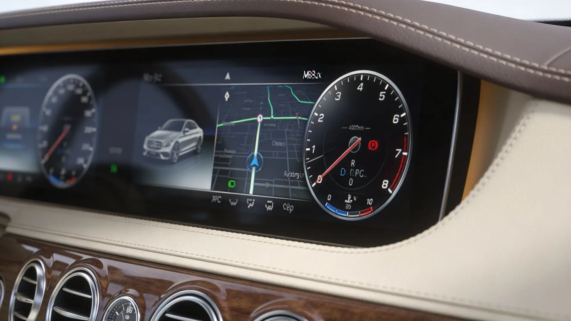A view of a Mercedes-Benz luxury car dashboard digital display featuring the speedometer, navigation map, and interior details.