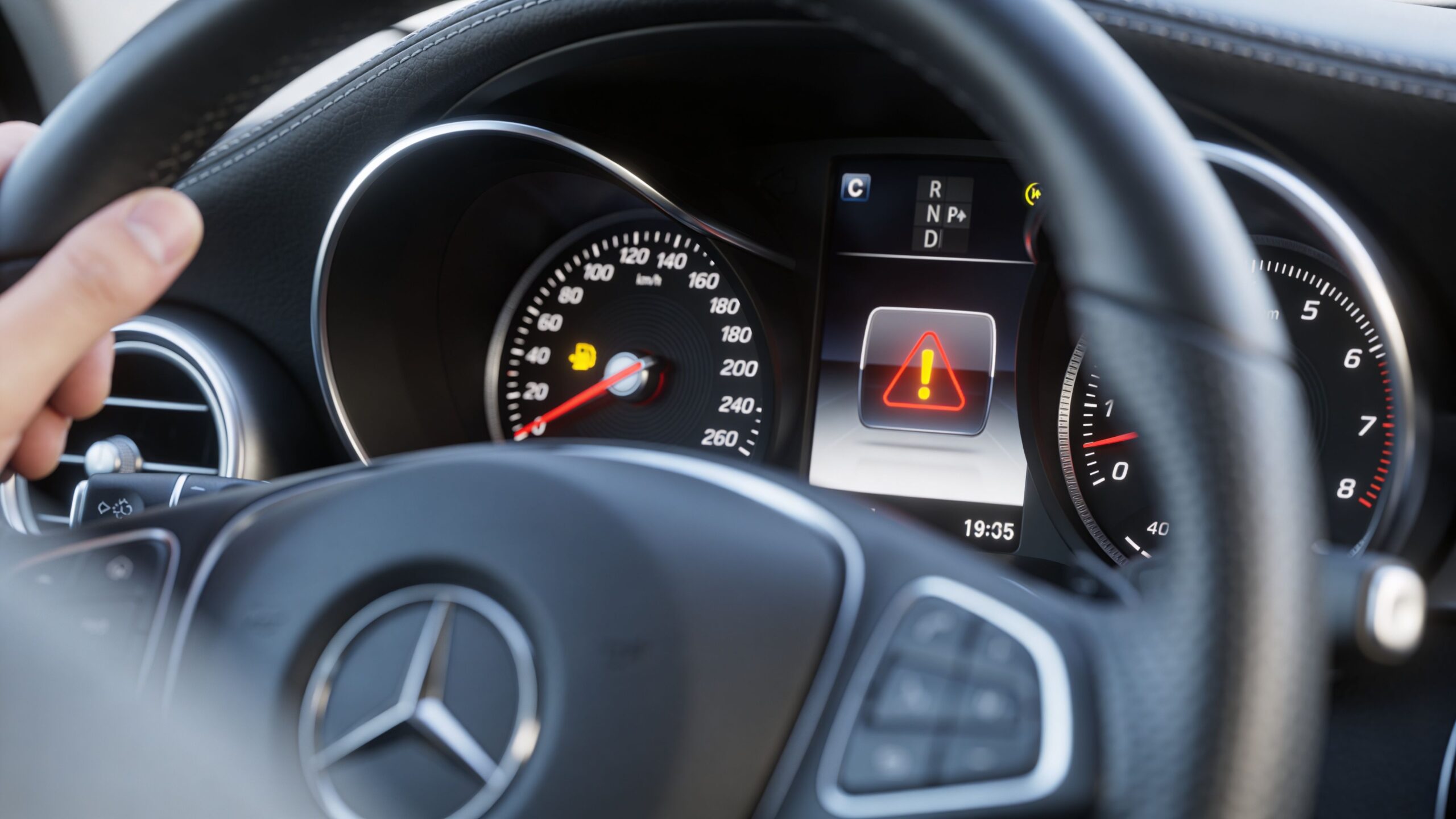A close-up view of a Mercedes-Benz dashboard displaying a yellow fuel warning and a red exclamation mark warning.