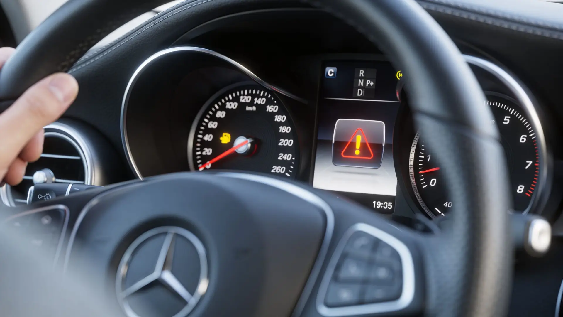 A close-up view of a Mercedes-Benz dashboard displaying a yellow fuel warning and a red exclamation mark warning.
