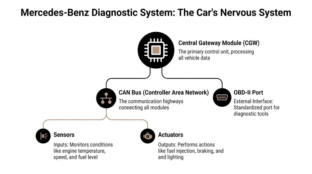 A diagram illustrating the Mercedes-Benz vehicle diagnostic system architecture including central gateway, CAN bus, sensors, and actuators.